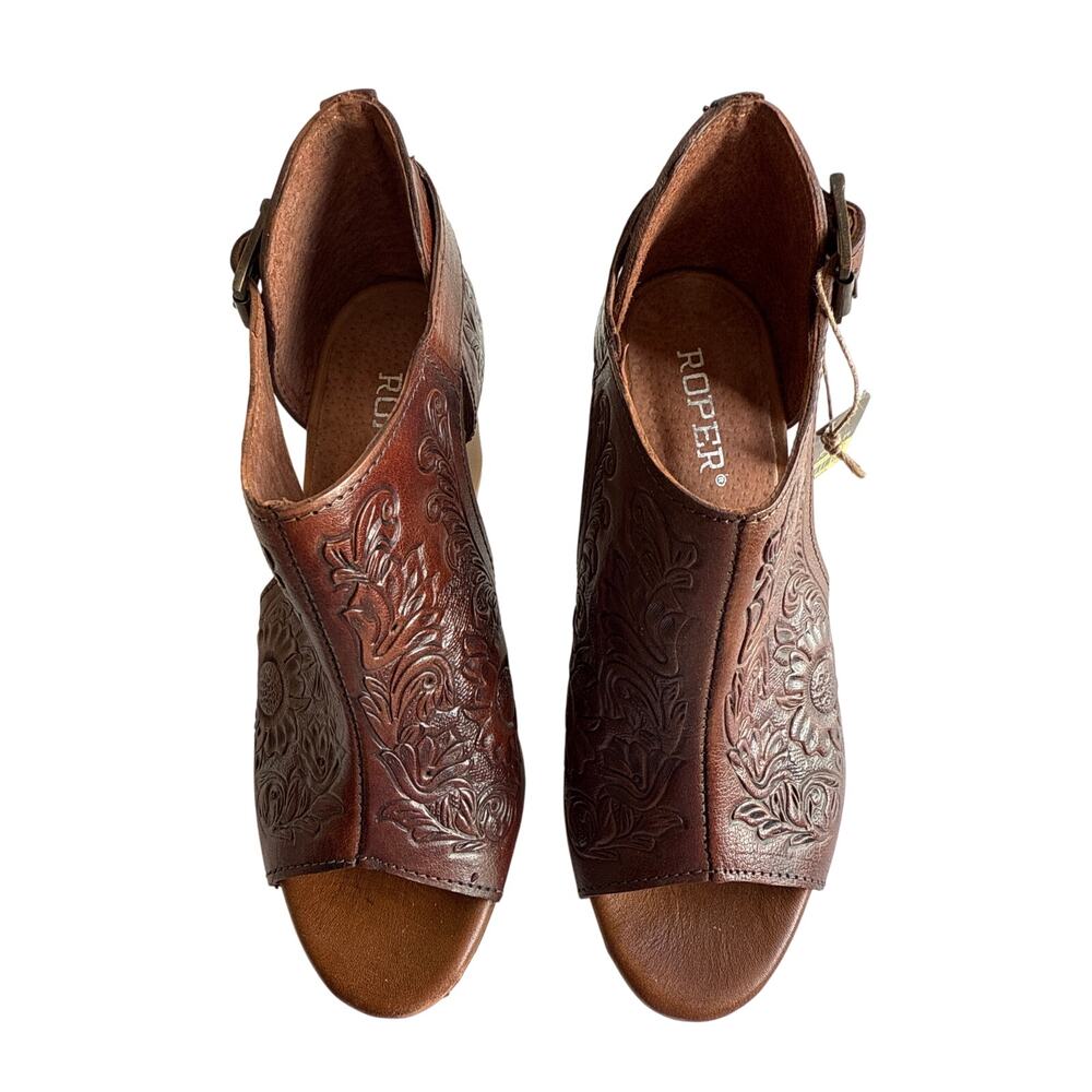 Roper Mika Mules Womens 7 Floral Tooled Leather Closed Back Buckle Peep Toe - Picture 8 of 12